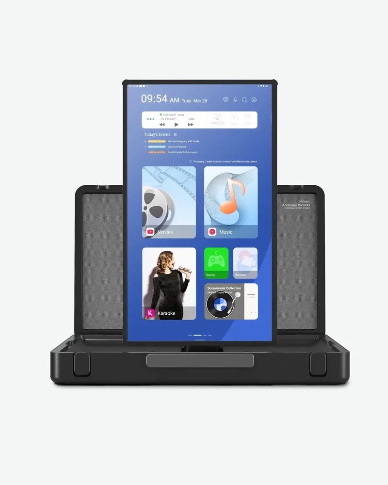 Apolosign PackGo portable smart display in a briefcase design.