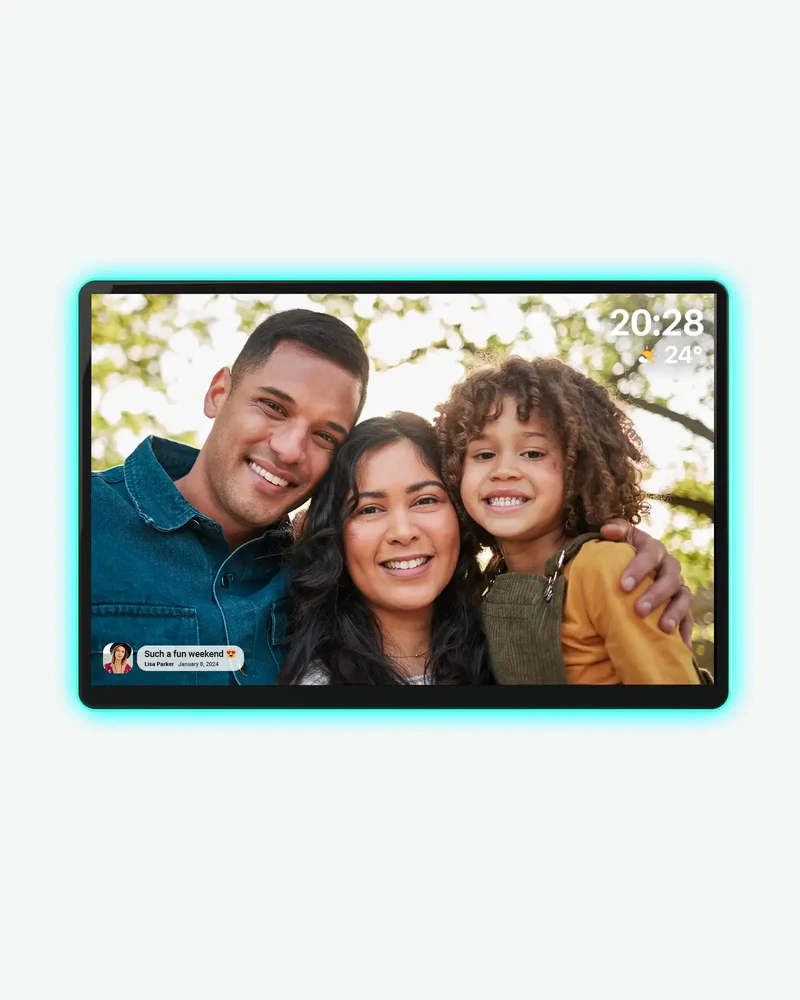 Apolosign Neon Light Digital Photo Frame showing family photos.