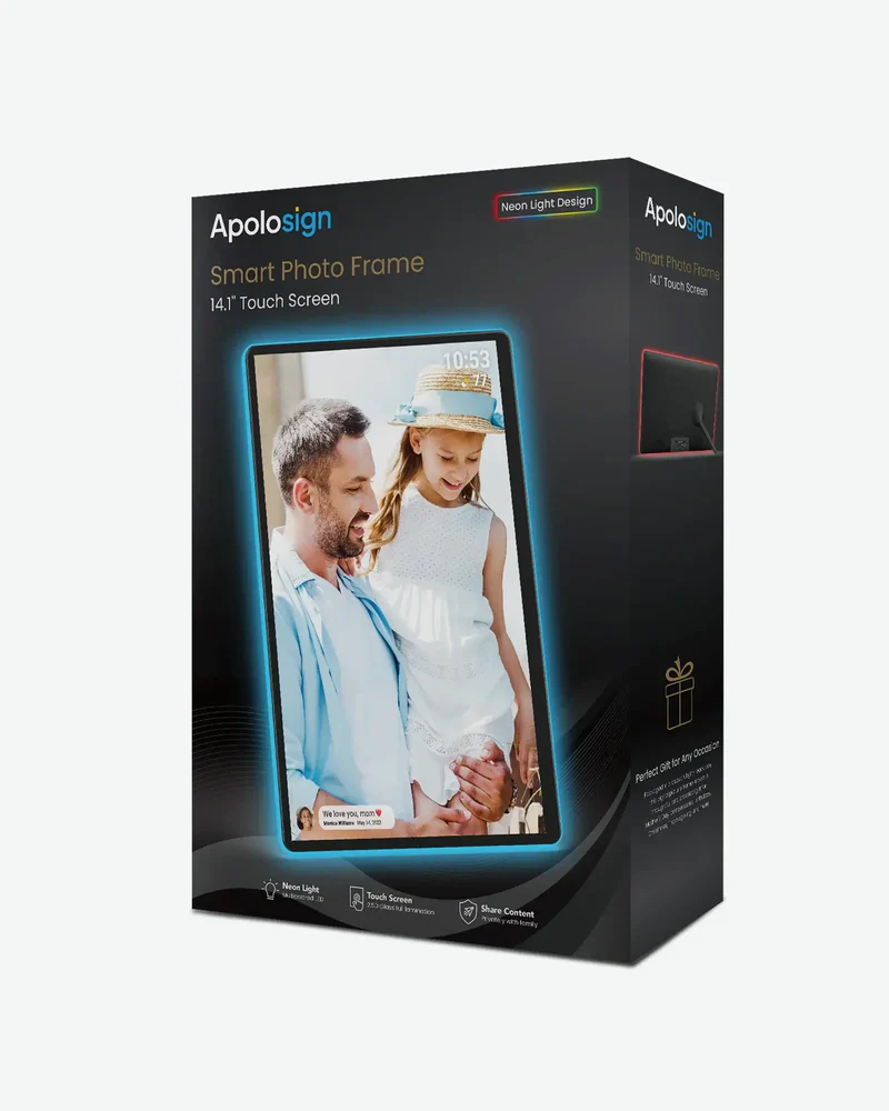 Apolosign Neon Light Digital Photo Frame showing family photos.