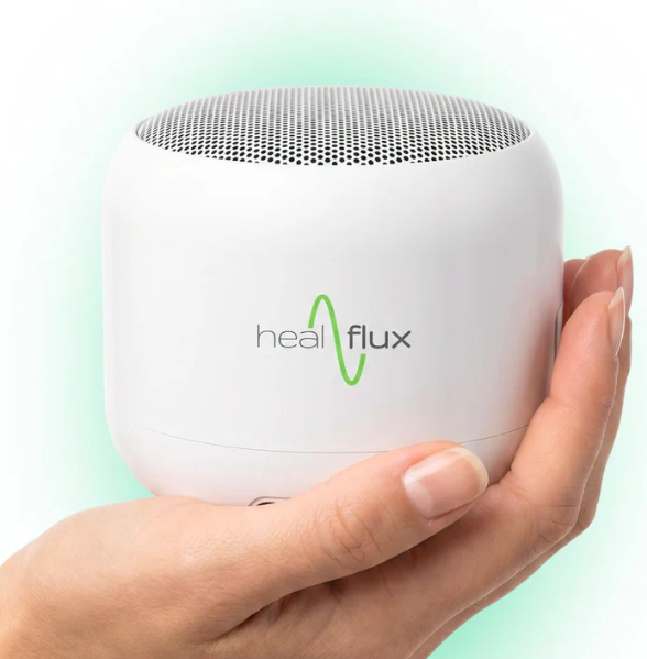 HealFlux Vibration Speaker connected to Frequency Device v4