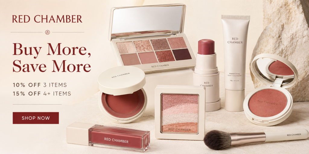 Red Chamber HARUKI multi-purpose makeup collection featuring cream blushes, cream powders, and eyeshadow palette.