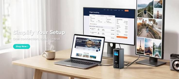 MOKiN USB-C docking station and charging accessories on a modern workstation