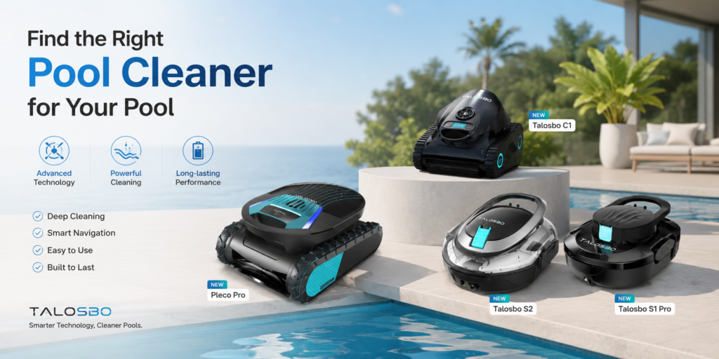 Talosbo AI outdoor care solutions including robotic pool cleaner and robotic lawn mower
